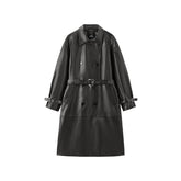 Women's Long Double-Breasted Leather Trench Coat